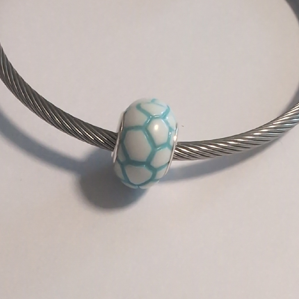 Blue and White Cobblestone Crackeled Charm for Pandora Style Bracelet